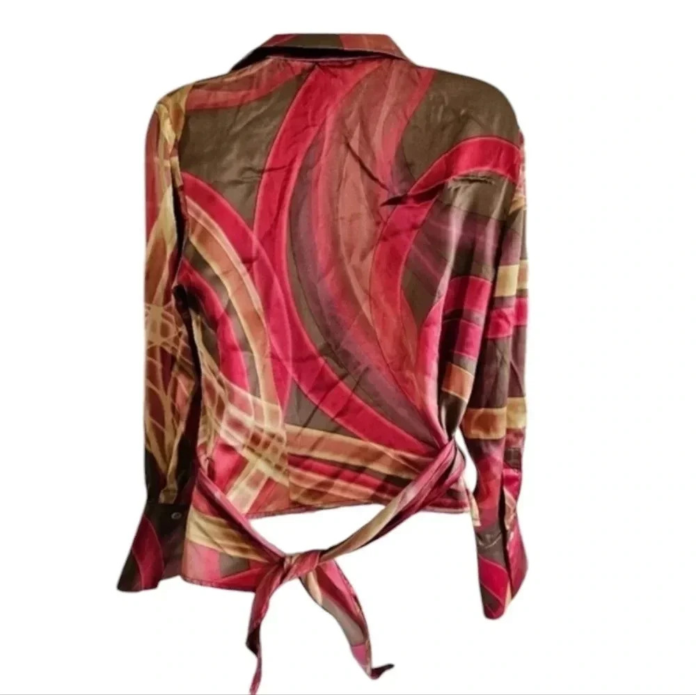 Lafayette 148 Women 6 Silk Swirl Wrap Blouse Gold Brown Red Archival Investment - Picture 3 of 10